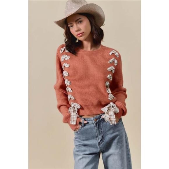 SO ME Checkered Plaid Tape Lace Up Ribbed Sweater - Picture 1 of 2